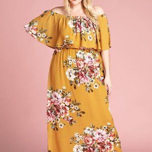 Mustard Floral Print Off Shoulder Maxi Dress